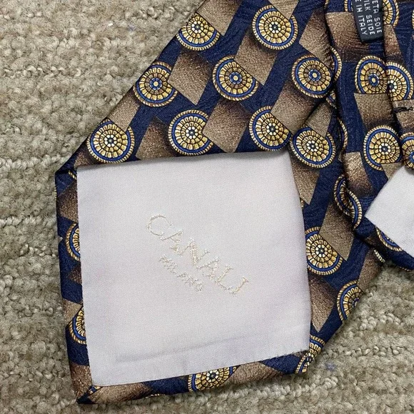 Canali Milano Silk‎ Tie Blue Gold Medallion Pattern Luxury Mens Old Money - Picture 4 of 8